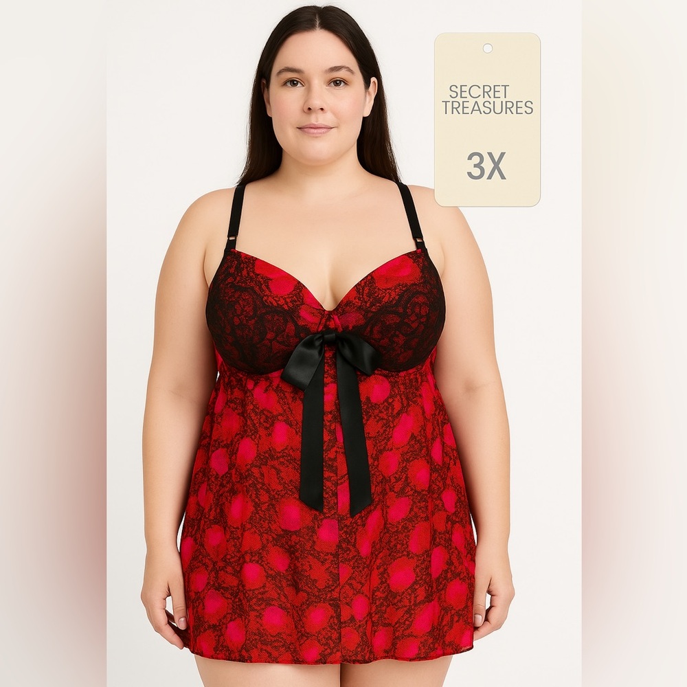 Secret Treasures 3X Babydoll Nightgown Black Lace Red Pink Heart Print Sheer